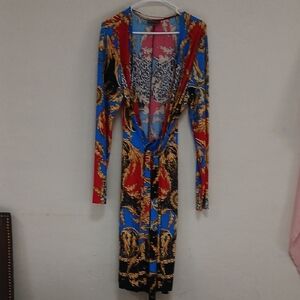 BOLD elements Vibrant Wrap Around Blue and Red Long Sleeve Dress